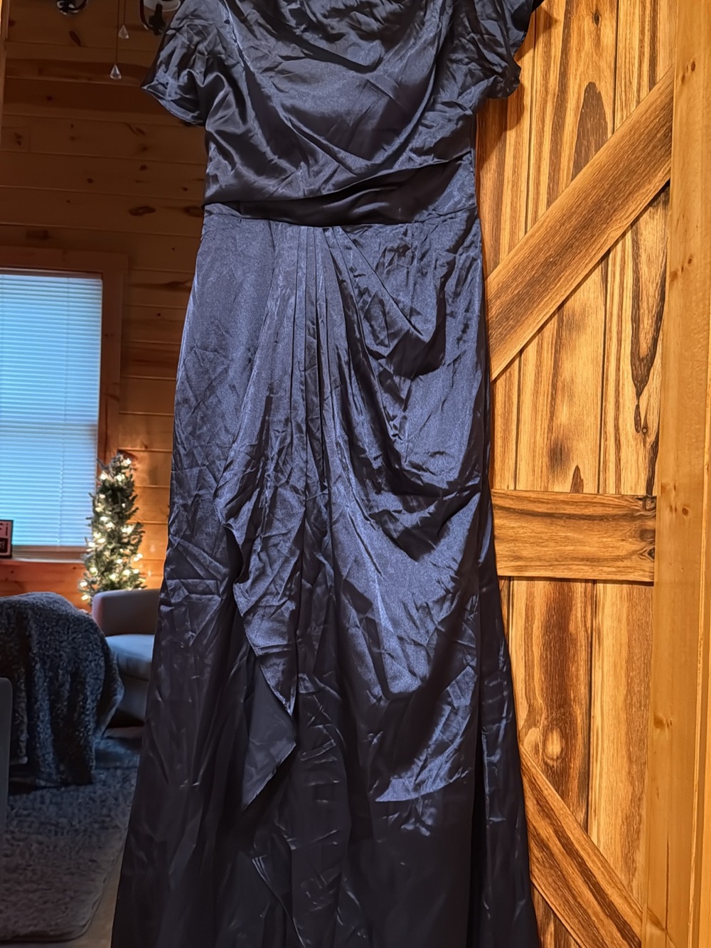Elegant Navy Evening Prom Dress with Draped Skirt